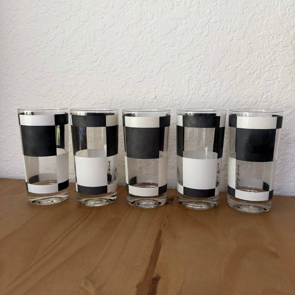 Vintage MCM Georges Briard Highball Glasses Black White Op Art Barware Set Of 5
